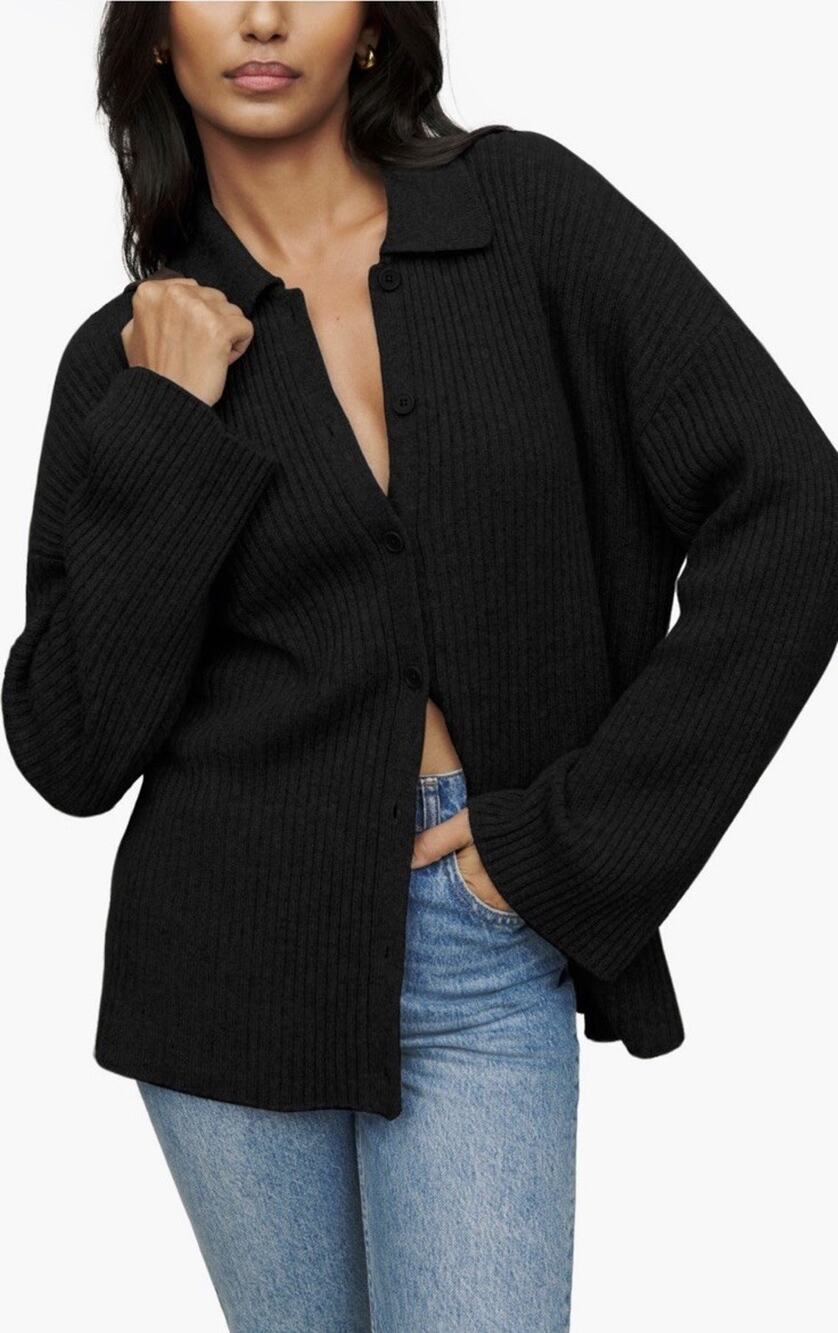 REFORMATION Fantino Cashmere Collared Cardigan Black NWT Size Large $298